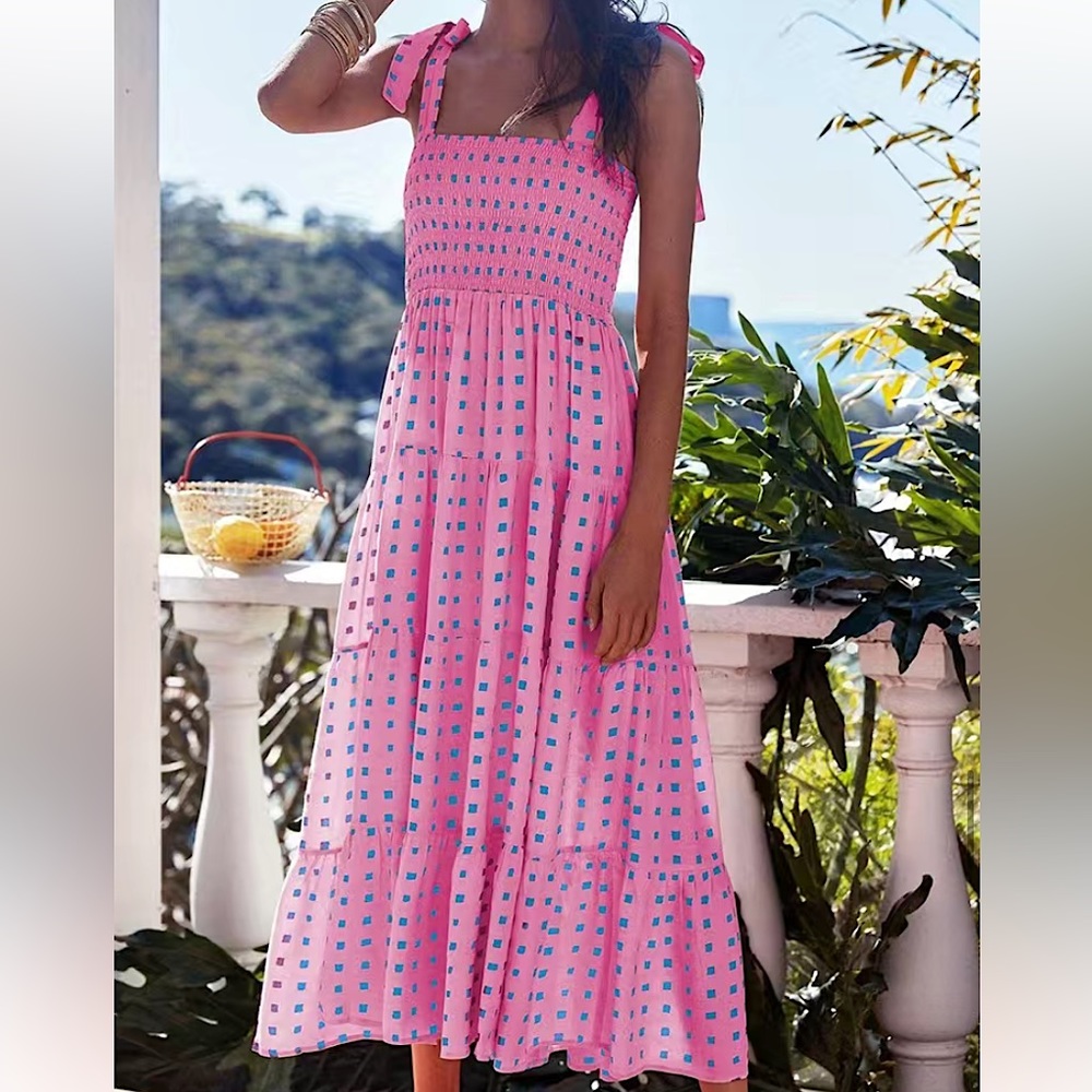 Geo Print Pink Ruffle Hem Shirred Maxi Dress